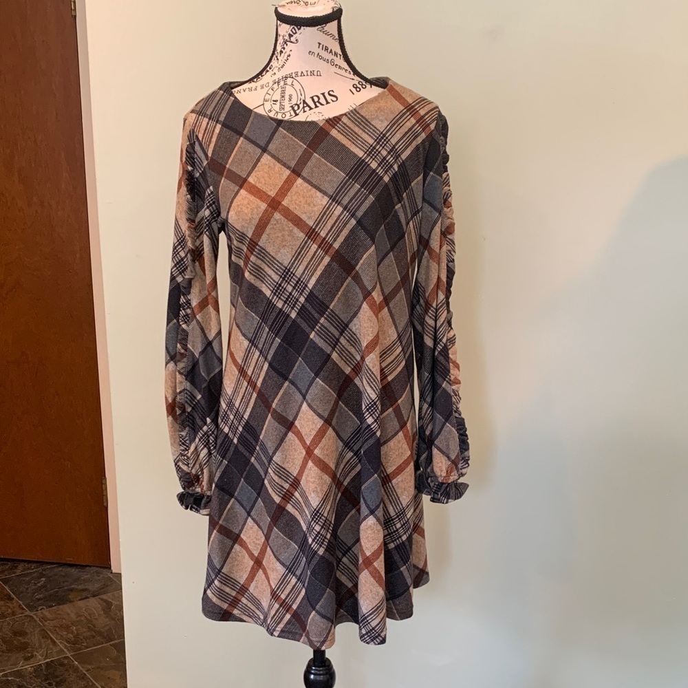 Chetta B Plaid Mini Dress Womens Small Brown Grey Ruffle Long Sleeve A-Line Knit